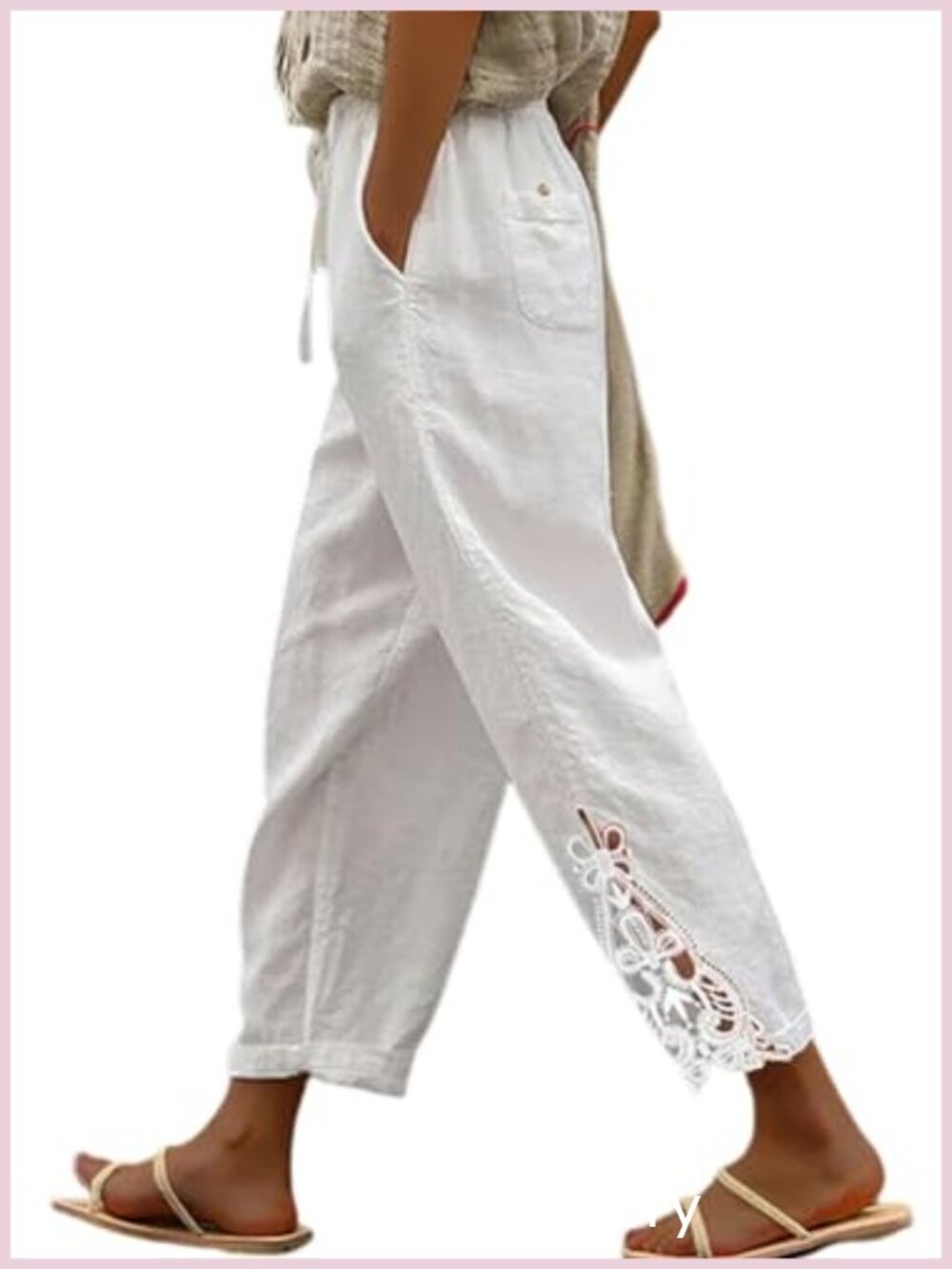 Women's Casual Palazzo Pants with Pockets Elastic Waist Lace Detail